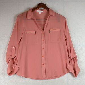 Active USA Pink Sheer Zipper Pocket Button Down Blouse Shirt S